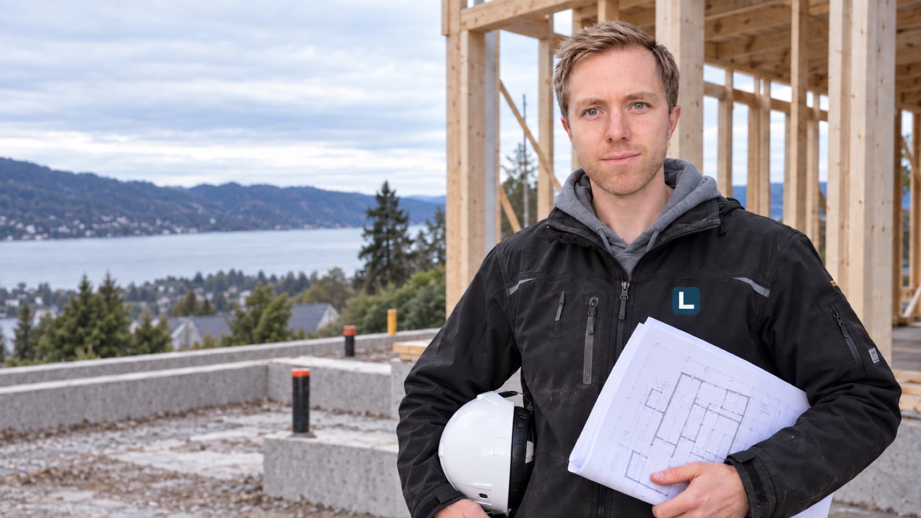 Petter Lund, byggingeniør, på byggeplass med plantegninger og hjelm under armen, fjorden i bakgrunnen